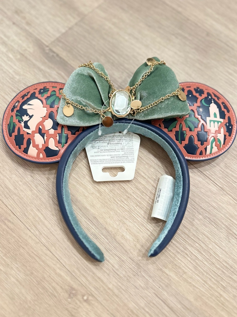 Disney Jasmine Epcot Green Velvet Bow Minnie Ear Headband with Gold Chain Jewel
